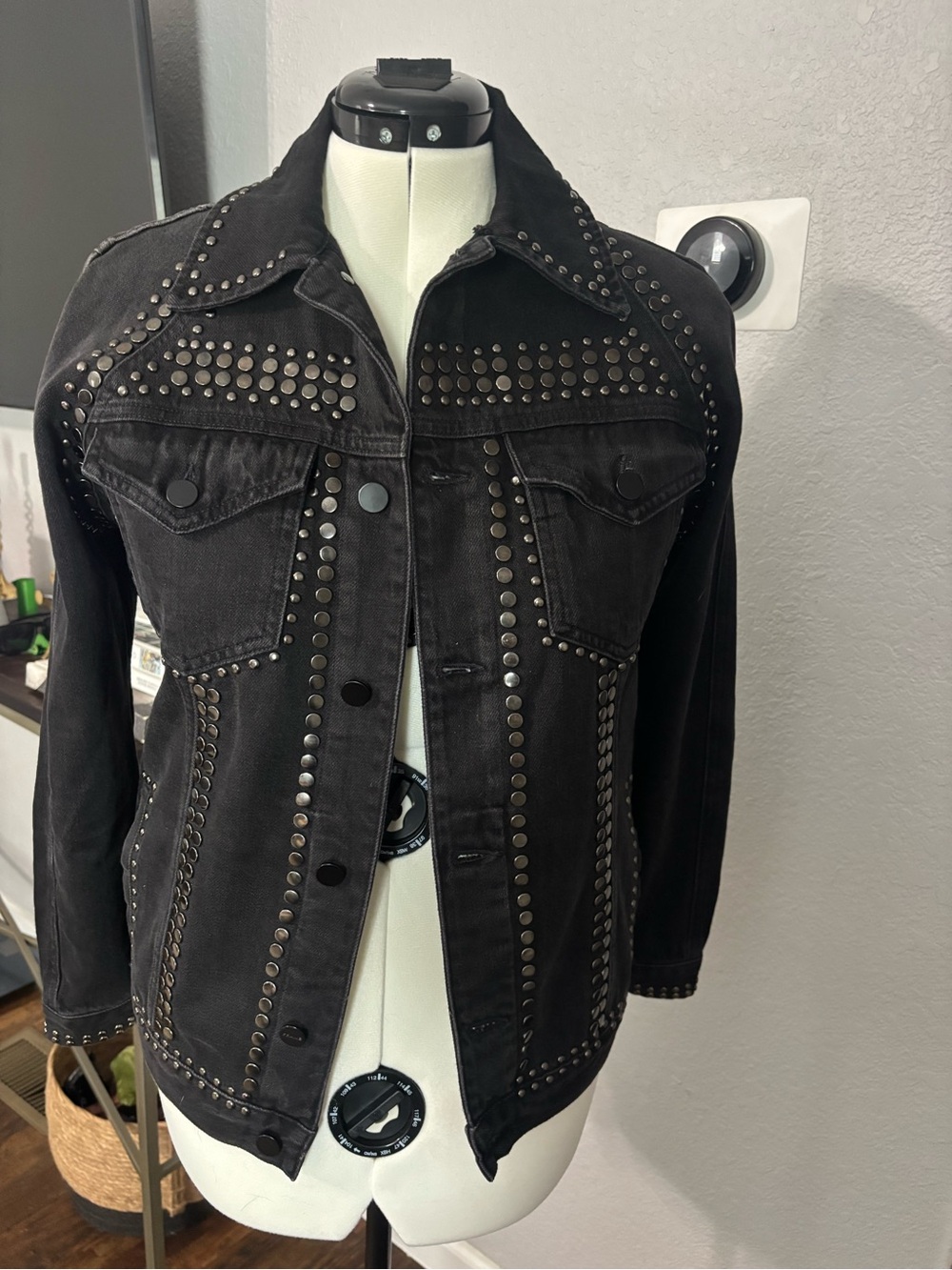 FRAME Stud-Embellished Black Denim Jacket.